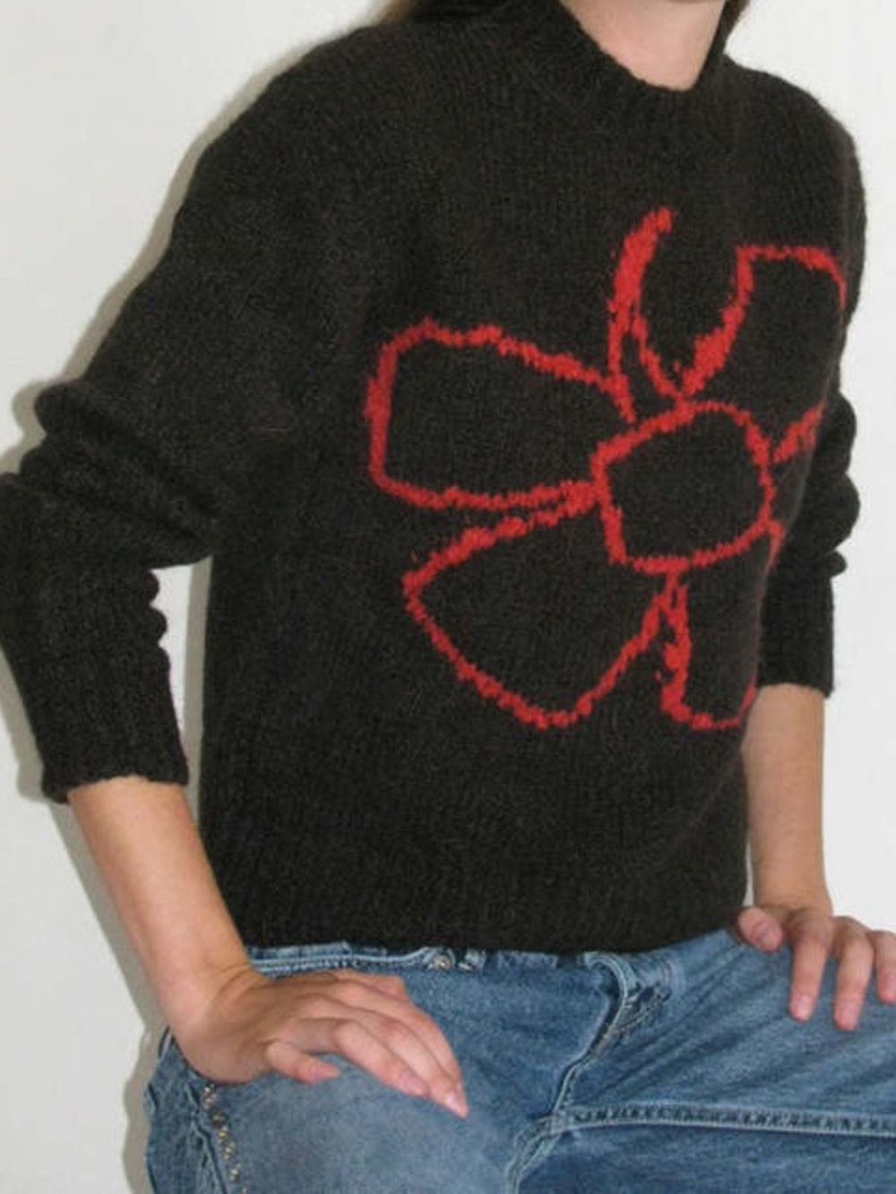 Paloma Wool Black Crewneck Sweater with Red Floral Motif